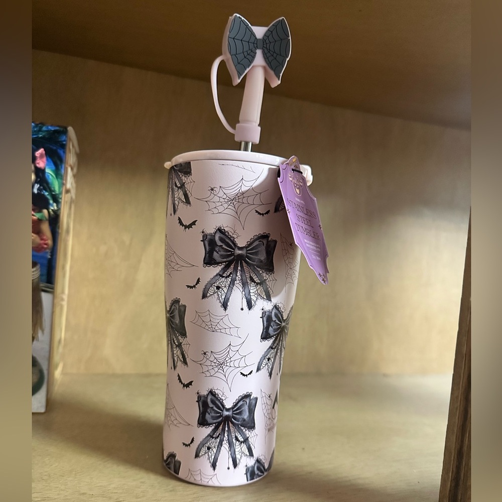 Pink Halloween Black Bows Spiderwebs Insulated Stainless Tumbler w/Lid Straw NWT